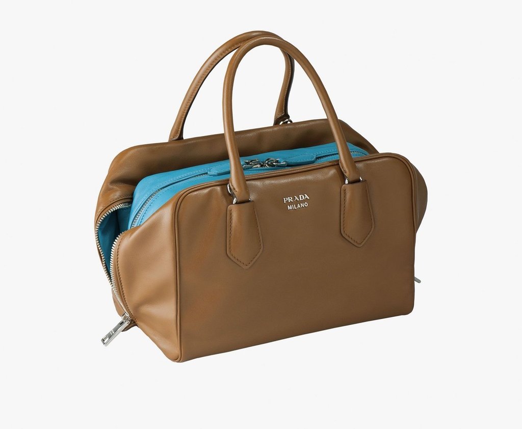 PRADA Women's Inside Bag Brown/Blue Bauletto Satchel Handbag, PR1590