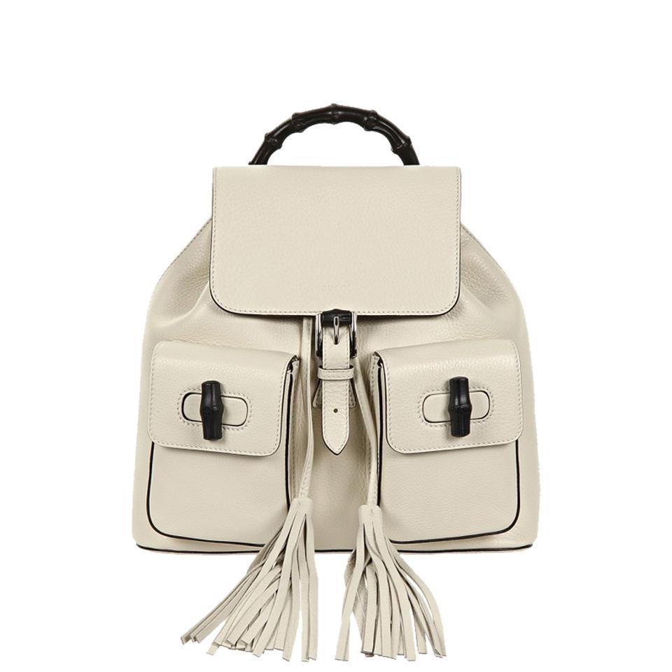 GUCCI Bamboo Handle Leather Pocket Toggle Backpack, Mystic White, GU1290
