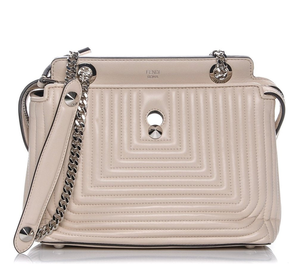 FENDI Dotcom Click Beige Caramel Small Quilted Lambskin Leather Chain Satchel Bag Silver Hardware, FE1050