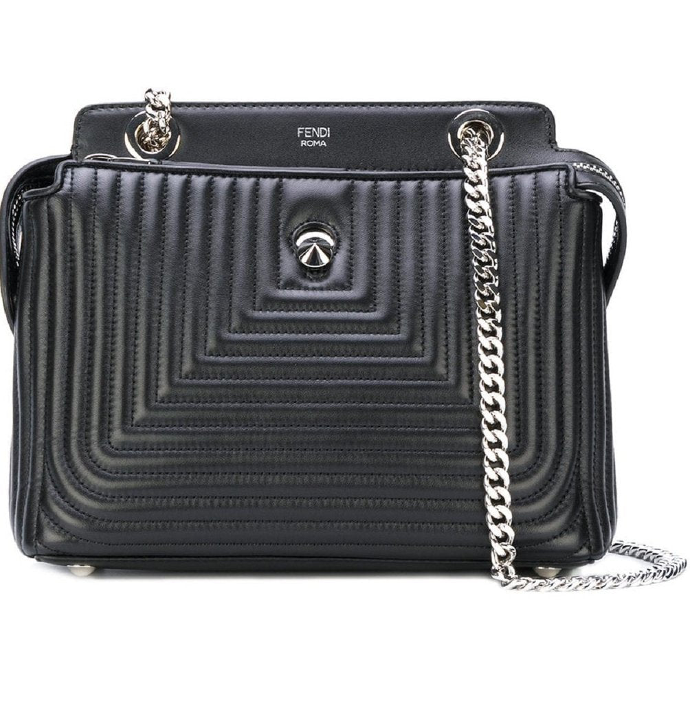 FENDI Dotcom Click Black Small Quilted Lambskin Leather Chain Satchel Bag Silver Hardware, FE1060