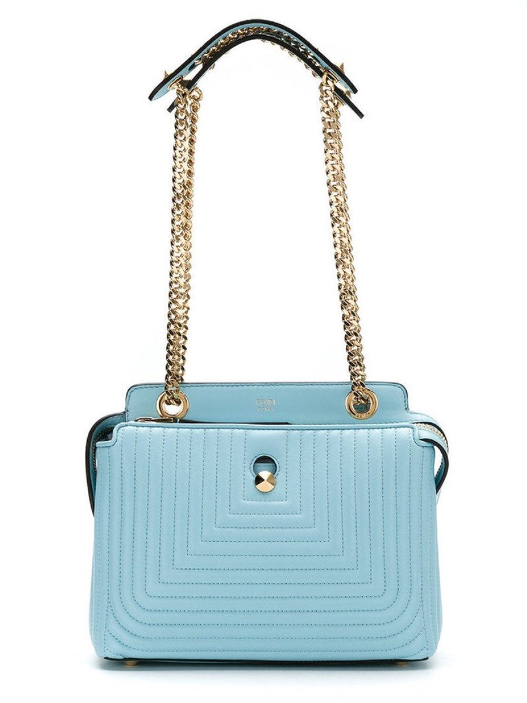FENDI Dotcom Click Blue Turquoise Small Quilted Lambskin Leather Chain Satchel Bag Gold Hardware, FE1070