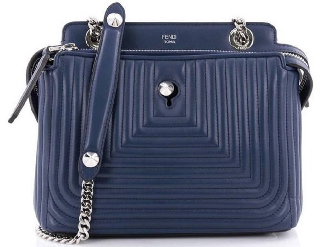 FENDI Dotcom Click True Blue Small Quilted Lambskin Leather Chain Satchel Bag Silver Hardware, FE1090
